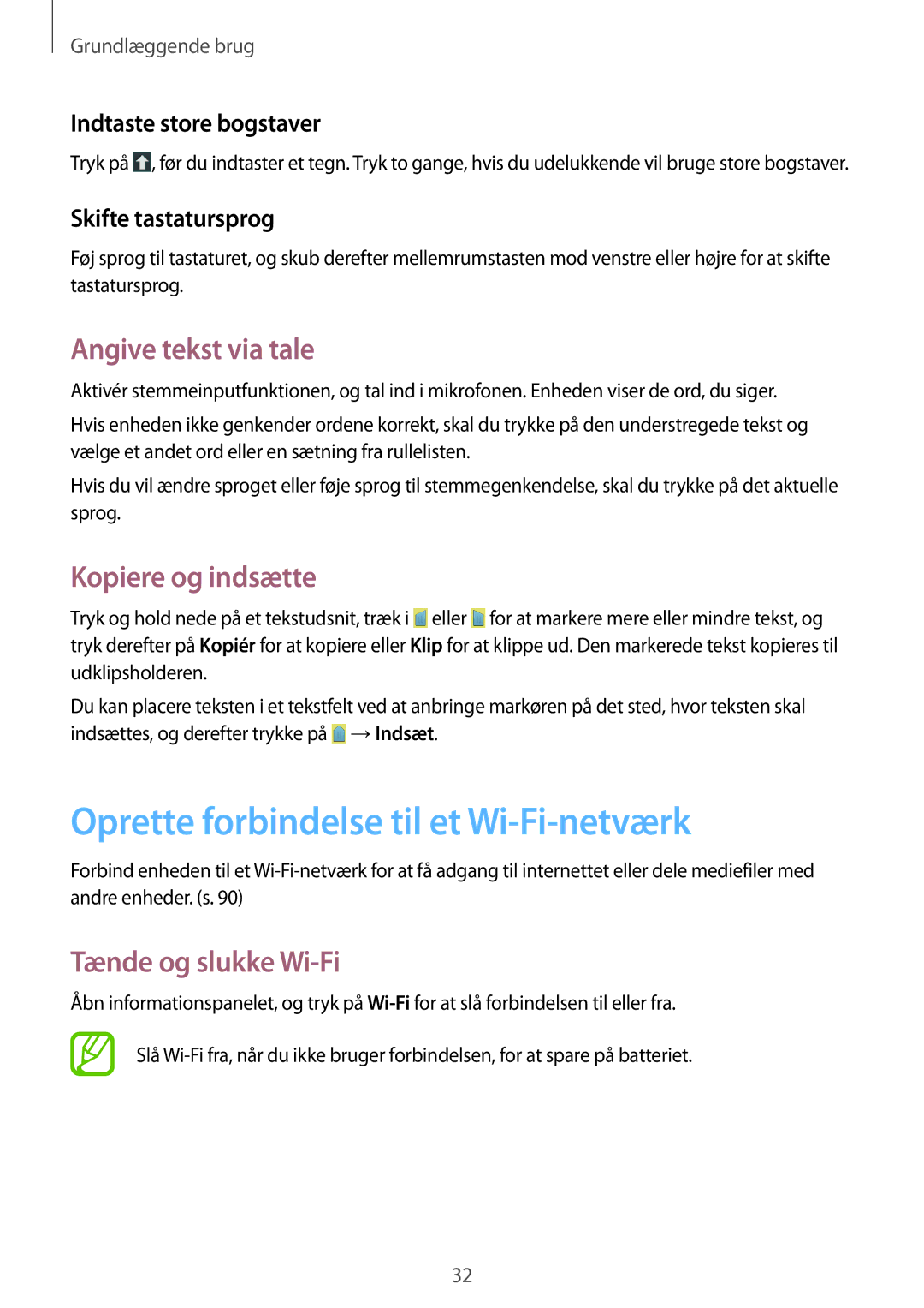Samsung SM-G3500ZIANEE manual Oprette forbindelse til et Wi-Fi-netværk, Angive tekst via tale, Kopiere og indsætte 