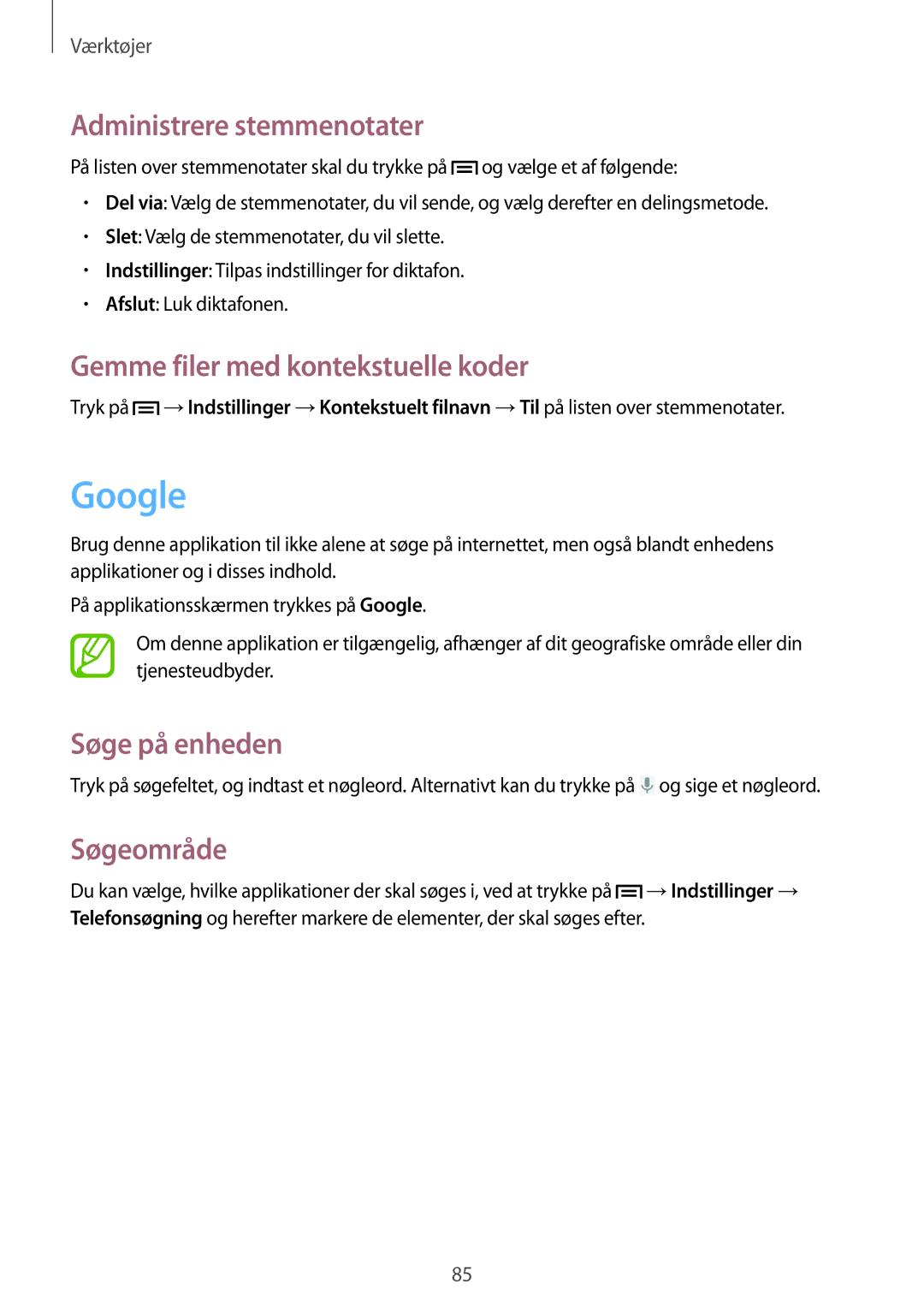 Samsung SM-G3500ZWANEE manual Google, Administrere stemmenotater, Gemme filer med kontekstuelle koder, Søge på enheden 