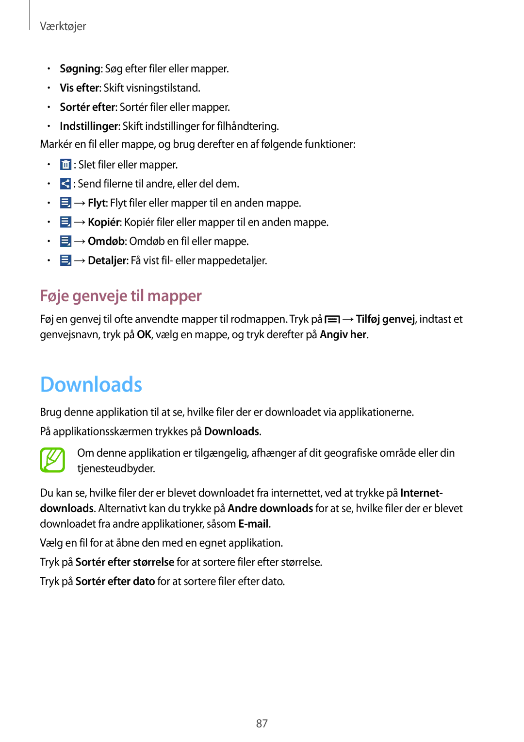 Samsung SM-G3500ZKANEE, SM-G3500ZWANEE, SM-G3500ZIANEE manual Downloads, Føje genveje til mapper 