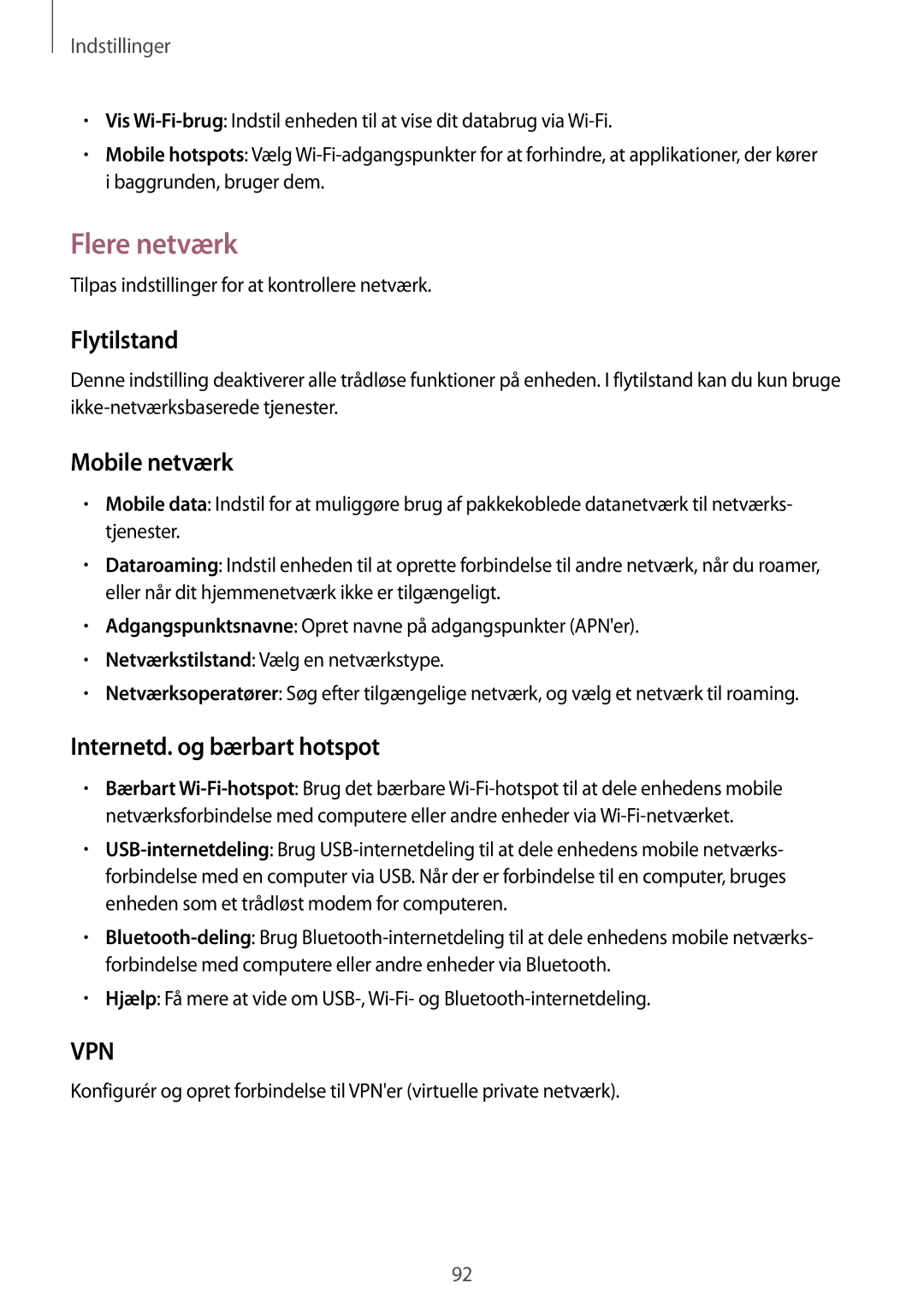 Samsung SM-G3500ZIANEE, SM-G3500ZKANEE manual Flere netværk, Flytilstand, Mobile netværk, Internetd. og bærbart hotspot 