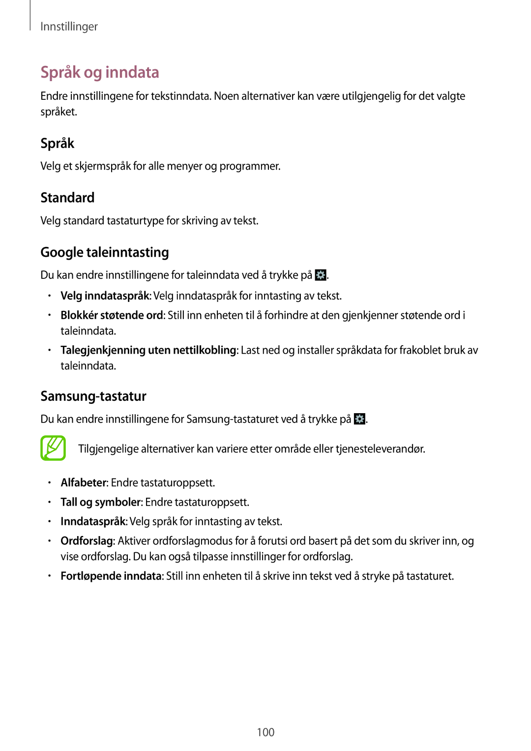 Samsung SM-G3500ZWANEE, SM-G3500ZKANEE, SM-G3500ZIANEE Språk og inndata, Standard, Google taleinntasting, Samsung-tastatur 