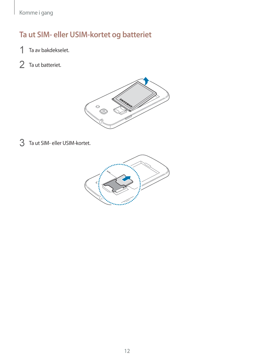 Samsung SM-G3500ZKANEE, SM-G3500ZWANEE, SM-G3500ZIANEE manual Ta ut SIM- eller USIM-kortet og batteriet 