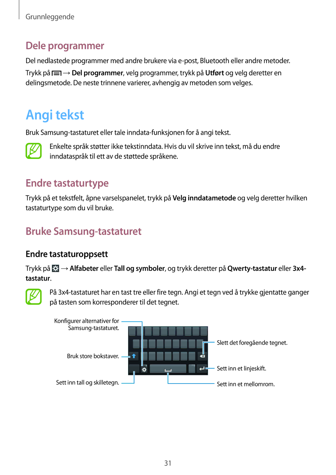 Samsung SM-G3500ZWANEE Angi tekst, Dele programmer, Endre tastaturtype, Bruke Samsung-tastaturet, Endre tastaturoppsett 