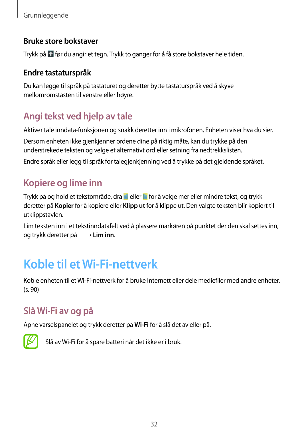 Samsung SM-G3500ZIANEE Koble til et Wi-Fi-nettverk, Angi tekst ved hjelp av tale, Kopiere og lime inn, Slå Wi-Fi av og på 