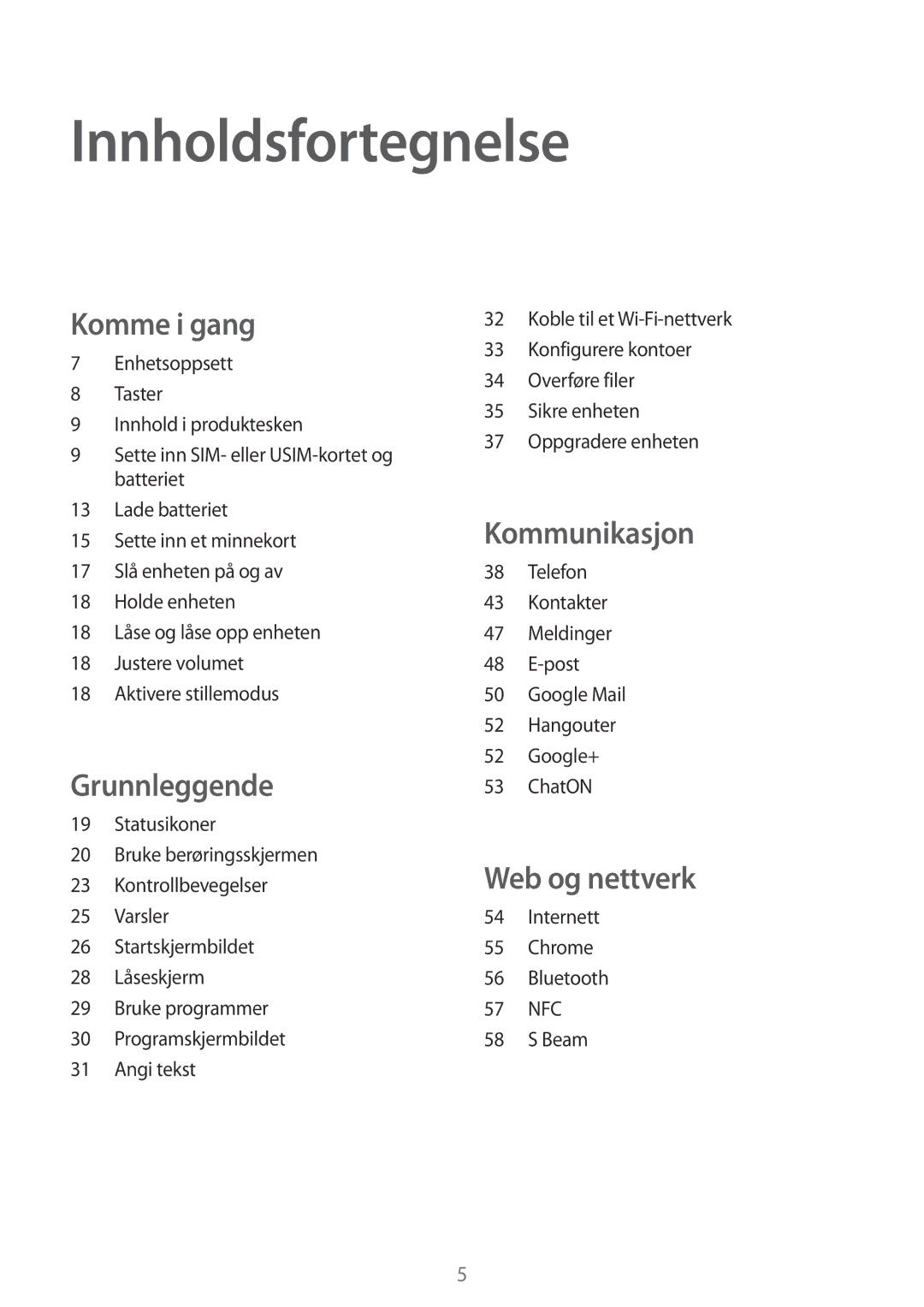 Samsung SM-G3500ZIANEE, SM-G3500ZKANEE, SM-G3500ZWANEE manual Innholdsfortegnelse, Internett Chrome Bluetooth 57 NFC Beam 