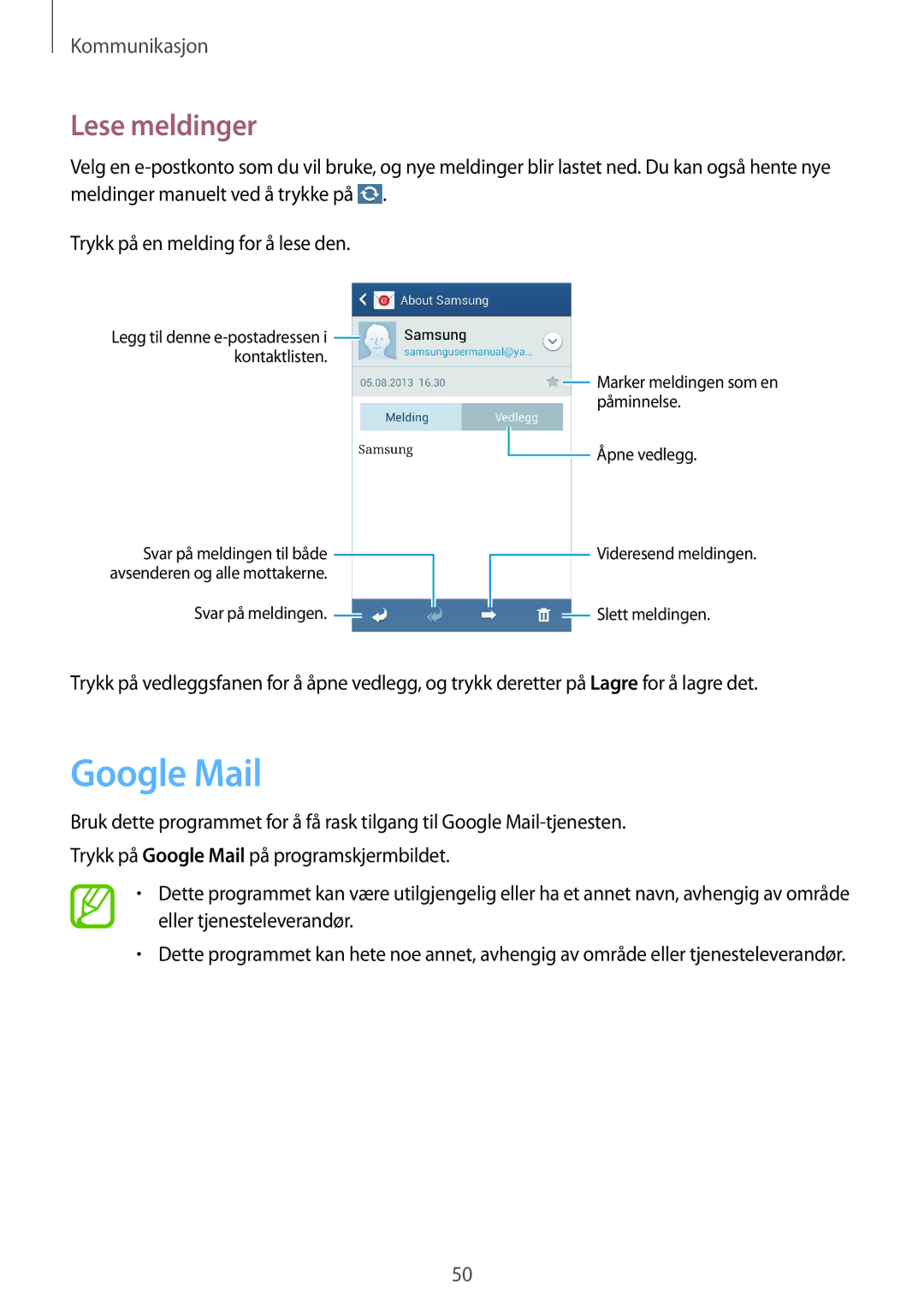 Samsung SM-G3500ZIANEE, SM-G3500ZKANEE, SM-G3500ZWANEE manual Google Mail, Lese meldinger 