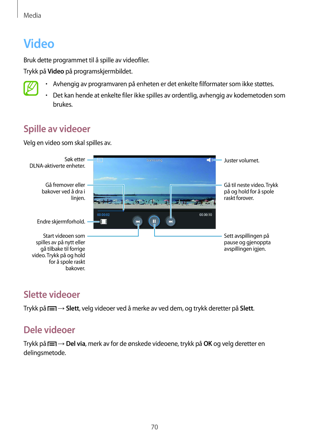 Samsung SM-G3500ZWANEE, SM-G3500ZKANEE manual Video, Slette videoer, Dele videoer, Velg en video som skal spilles av 