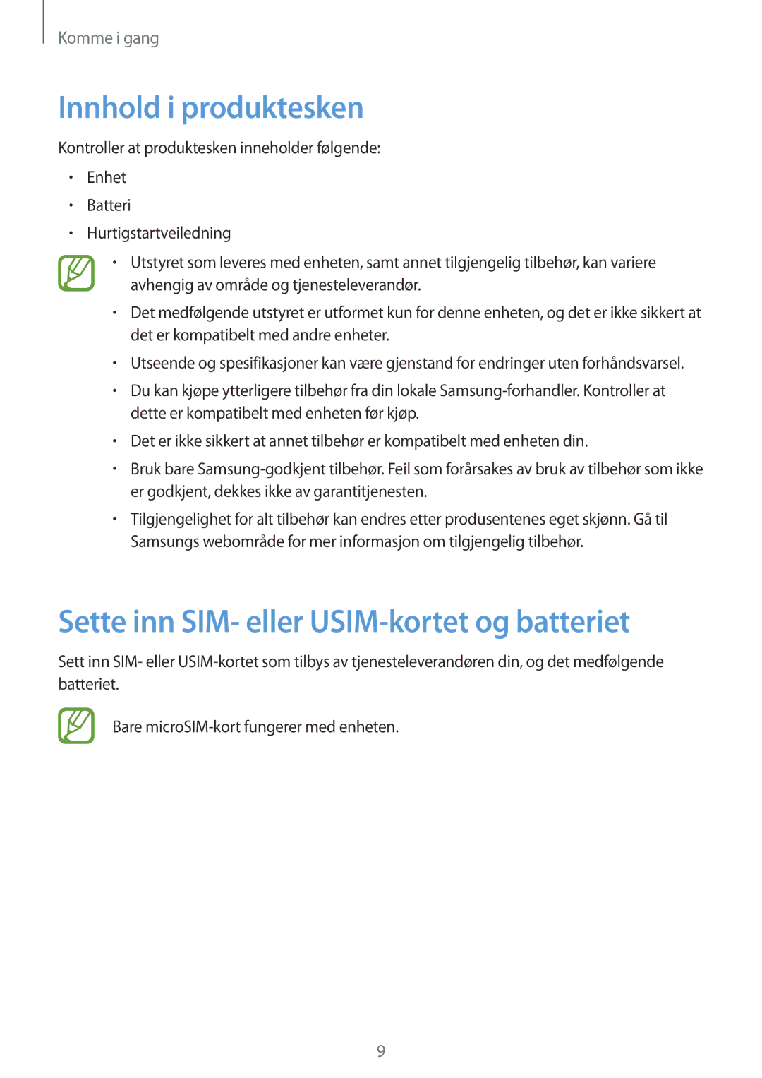 Samsung SM-G3500ZKANEE, SM-G3500ZWANEE manual Innhold i produktesken, Sette inn SIM- eller USIM-kortet og batteriet 