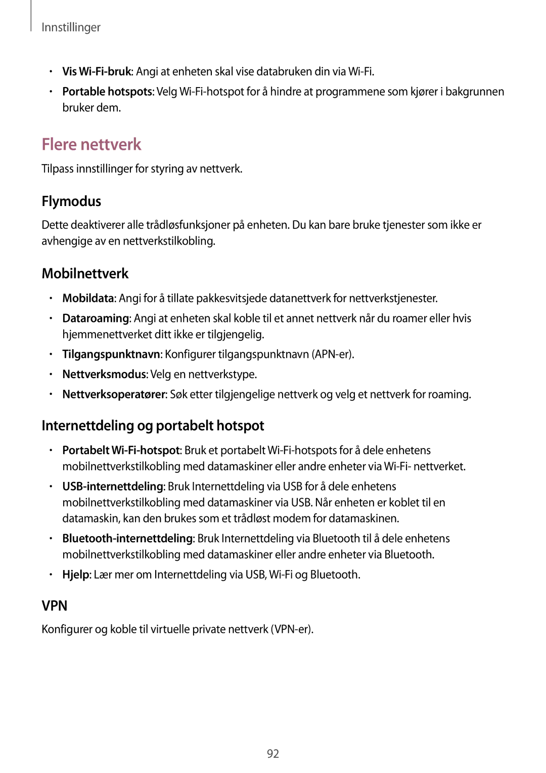 Samsung SM-G3500ZIANEE, SM-G3500ZKANEE manual Flere nettverk, Flymodus, Mobilnettverk, Internettdeling og portabelt hotspot 