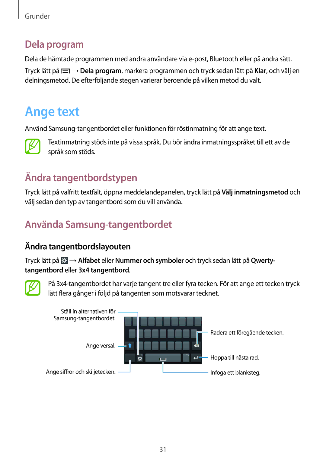 Samsung SM-G3500ZWANEE, SM-G3500ZKANEE Ange text, Dela program, Ändra tangentbordstypen, Använda Samsung-tangentbordet 