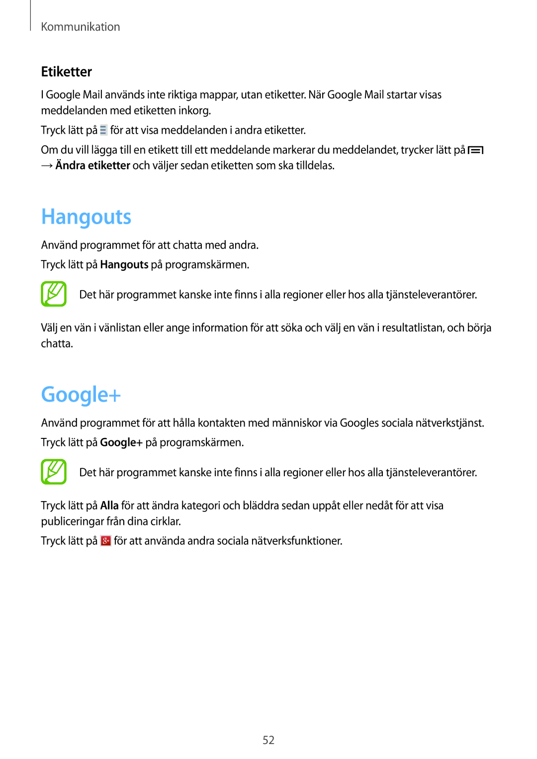 Samsung SM-G3500ZWANEE, SM-G3500ZKANEE, SM-G3500ZIANEE manual Hangouts, Google+, Etiketter 