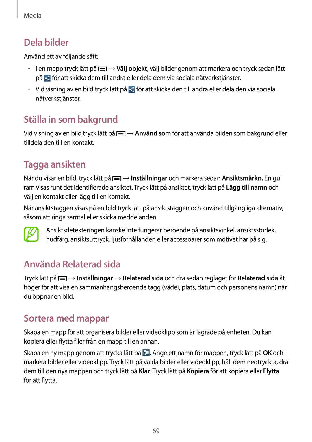 Samsung SM-G3500ZKANEE, SM-G3500ZWANEE manual Dela bilder, Ställa in som bakgrund, Tagga ansikten, Använda Relaterad sida 