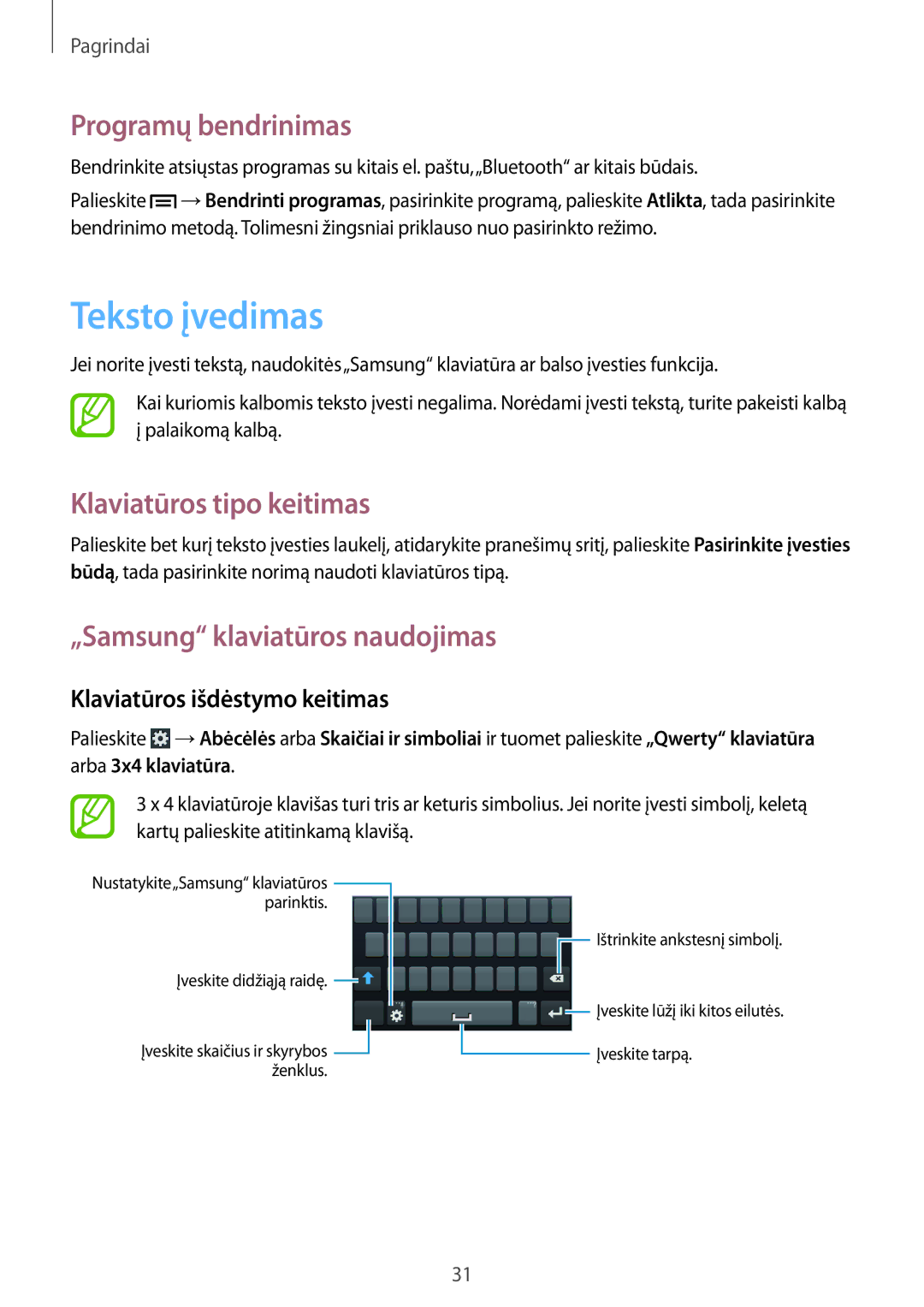 Samsung SM-G3500ZIASEB Teksto įvedimas, Programų bendrinimas, Klaviatūros tipo keitimas, „Samsung klaviatūros naudojimas 