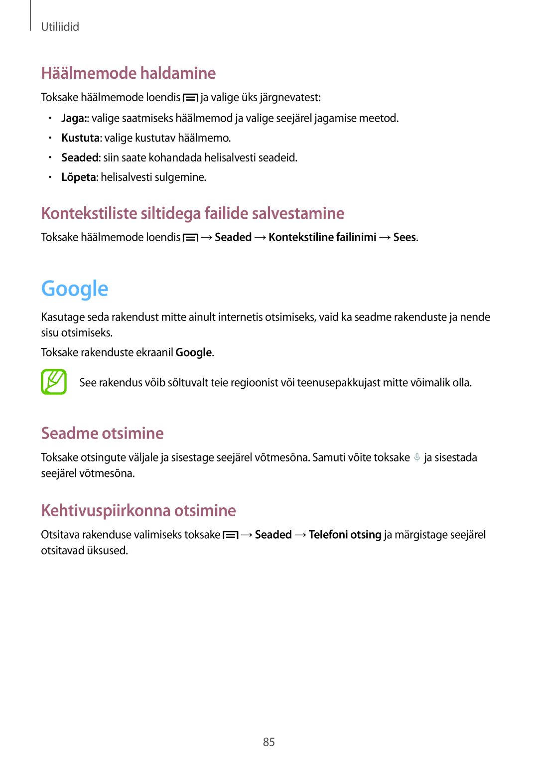 Samsung SM-G3500ZIASEB manual Google, Häälmemode haldamine, Kontekstiliste siltidega failide salvestamine, Seadme otsimine 