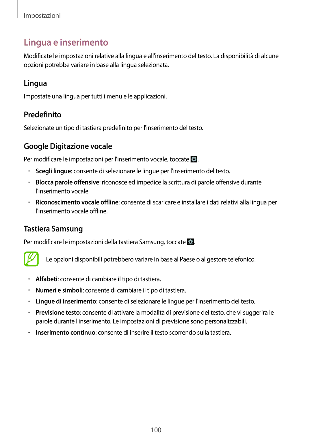 Samsung SM-G3500ZKAHUI, SM-G3500ZWATPL manual Lingua e inserimento, Predefinito, Google Digitazione vocale, Tastiera Samsung 