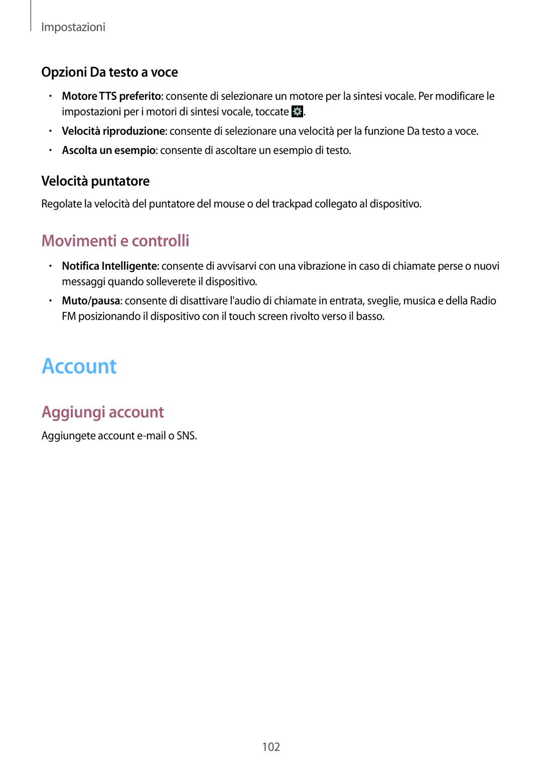 Samsung SM-G3500ZWATPL manual Account, Movimenti e controlli, Aggiungi account, Opzioni Da testo a voce, Velocità puntatore 