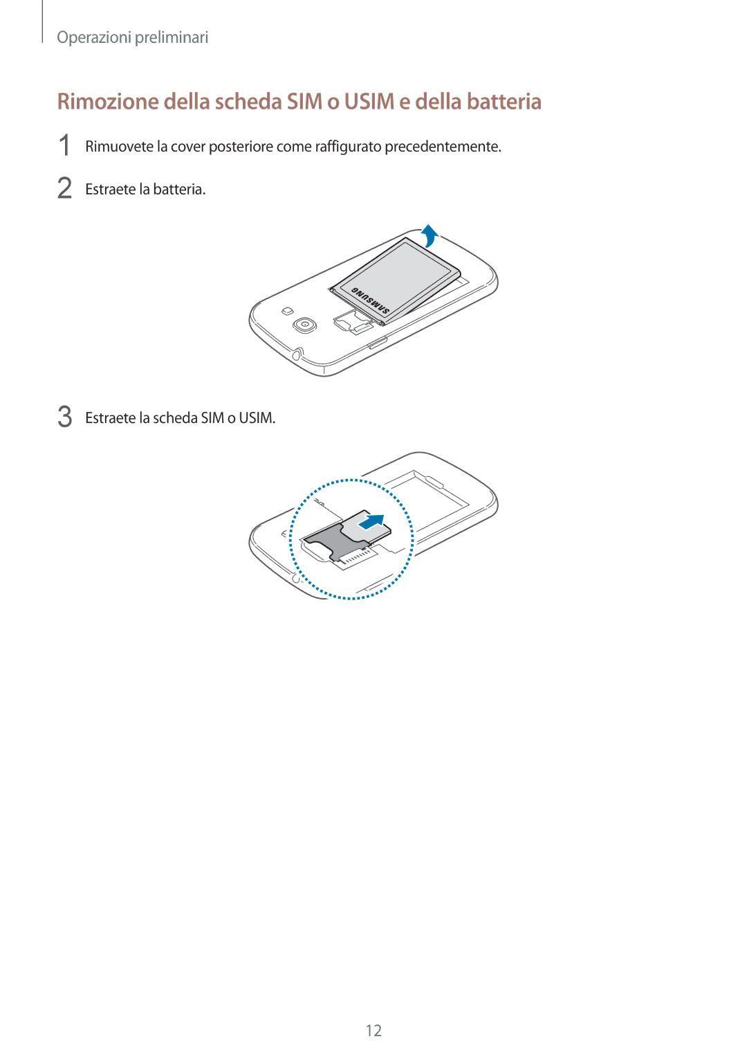 Samsung SM-G3500ZWAWIN, SM-G3500ZWATPL, SM-G3500ZKAPRT, SM-G3500ZWAPRT Rimozione della scheda SIM o Usim e della batteria 