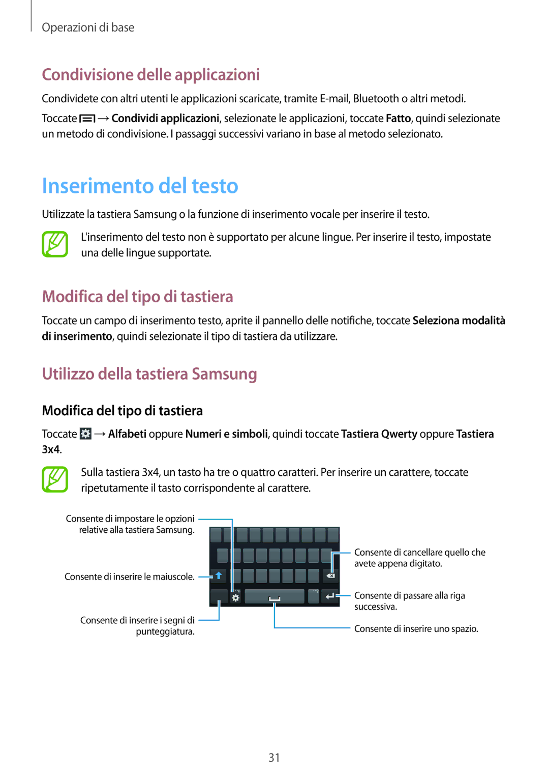 Samsung SM-G3500ZKAWIN manual Inserimento del testo, Condivisione delle applicazioni, Modifica del tipo di tastiera 