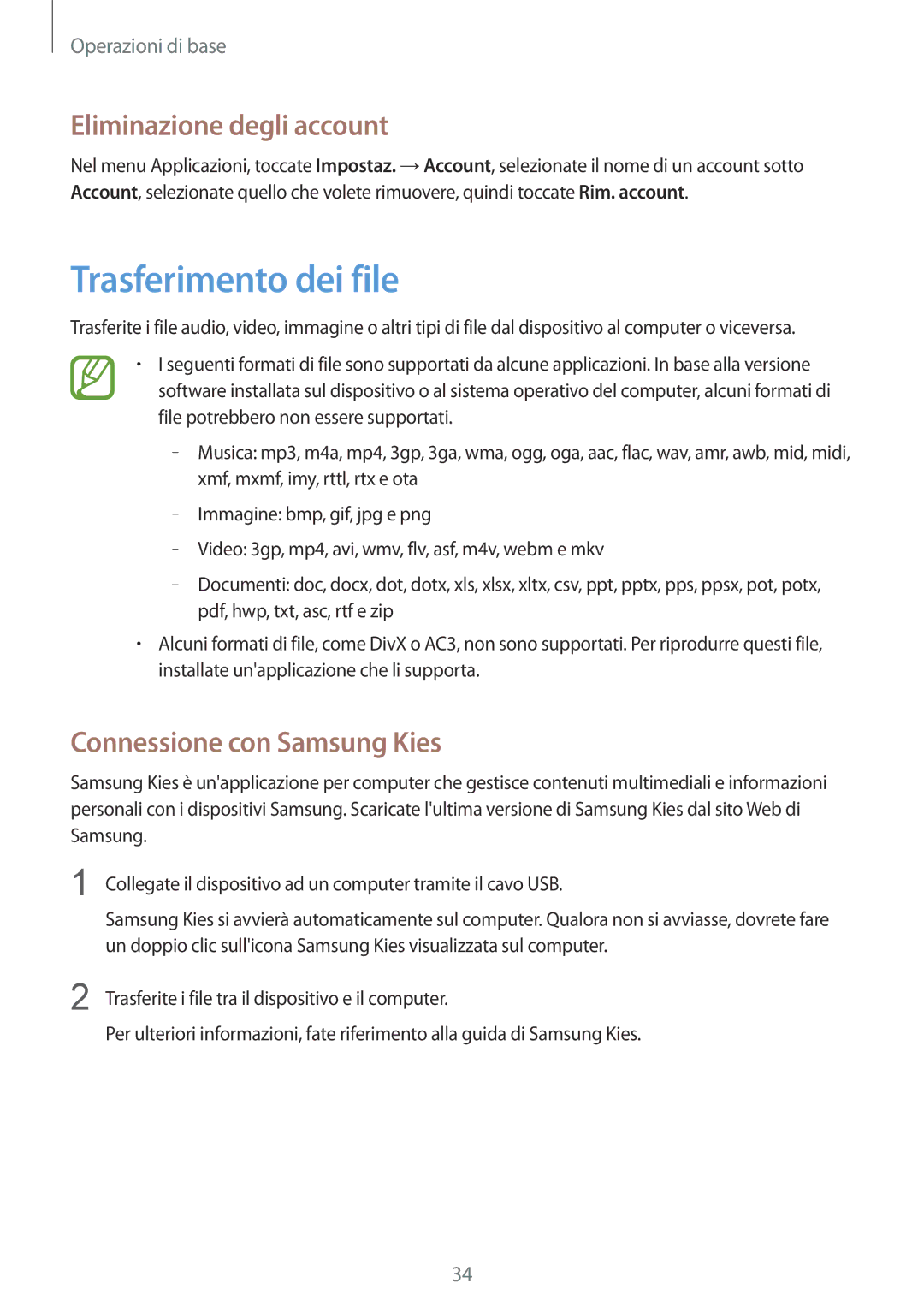 Samsung SM-G3500ZWATPL, SM-G3500ZKAPRT Trasferimento dei file, Eliminazione degli account, Connessione con Samsung Kies 