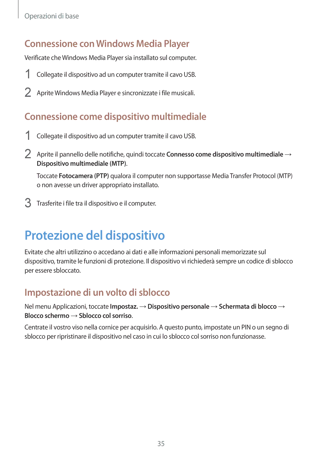 Samsung SM-G3500ZKAPRT Protezione del dispositivo, Connessione con Windows Media Player, Dispositivo multimediale MTP 