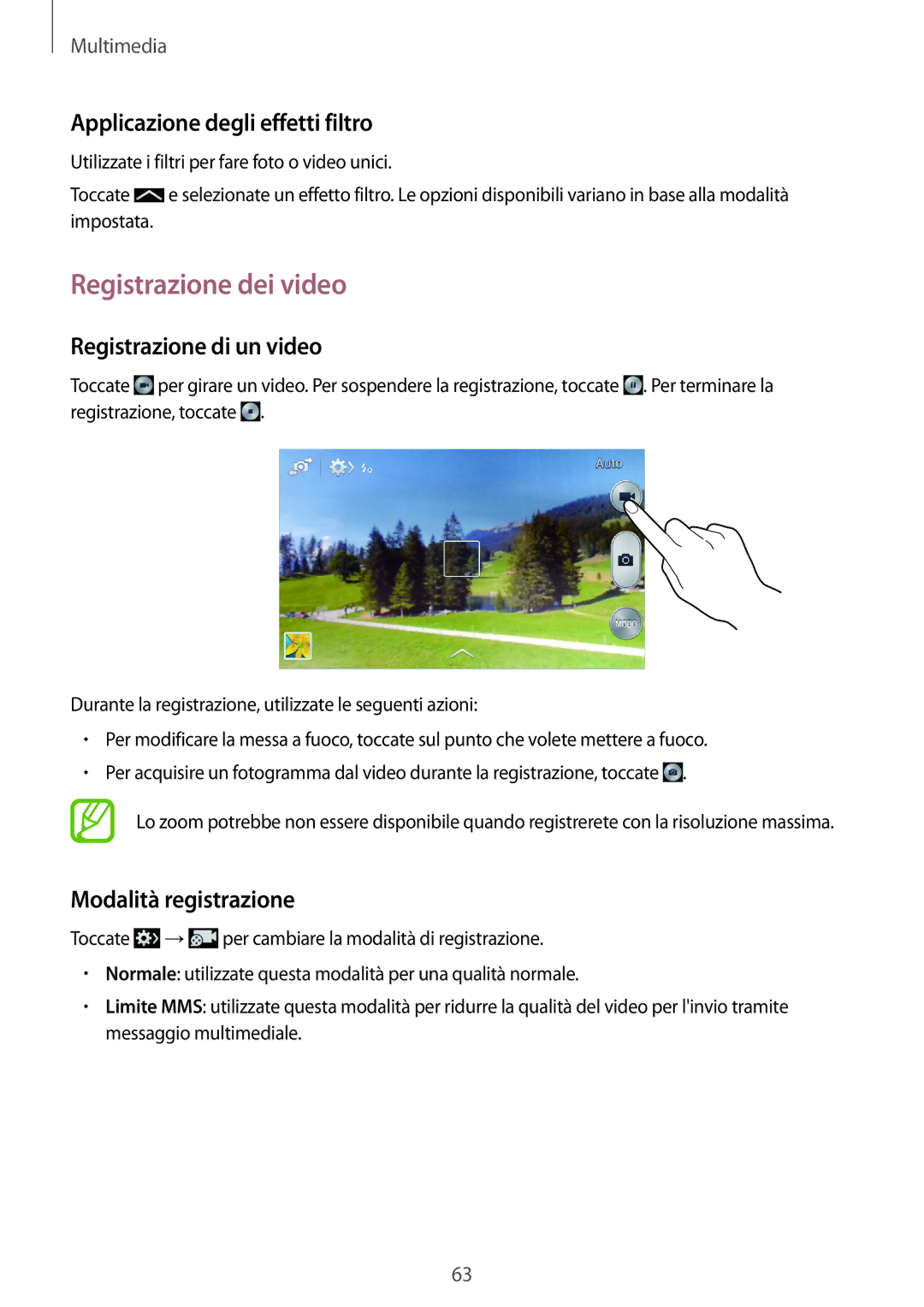 Samsung SM-G3500ZWAWIN manual Registrazione dei video, Applicazione degli effetti filtro, Registrazione di un video 