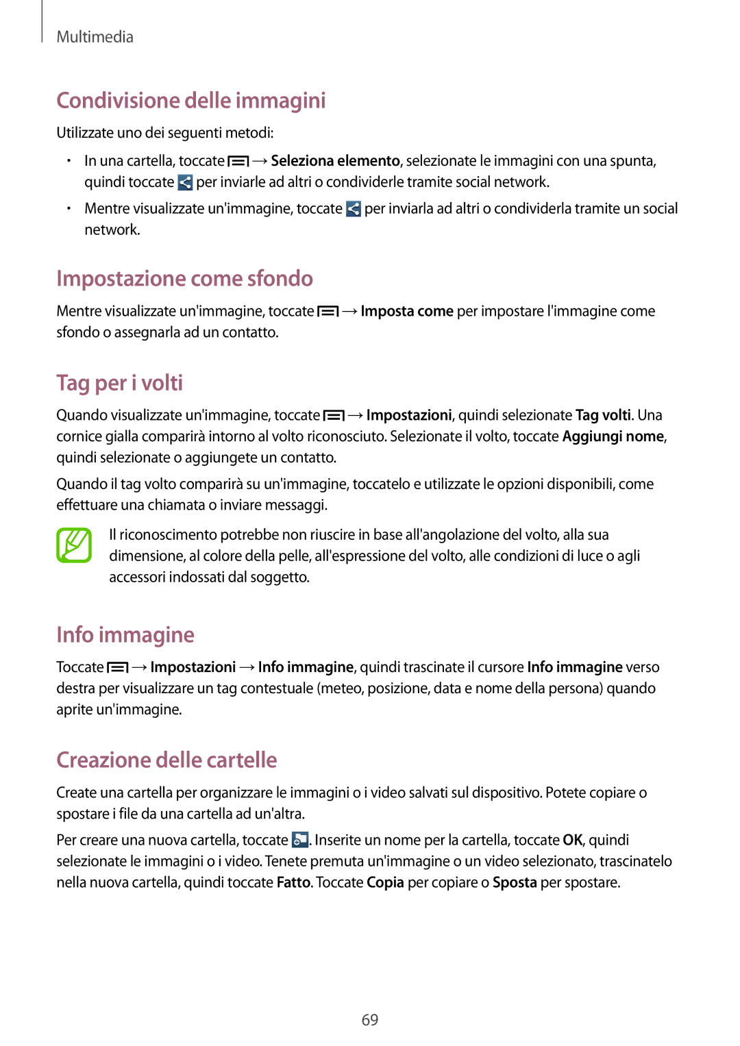 Samsung SM-G3500ZKAPRT manual Condivisione delle immagini, Impostazione come sfondo, Tag per i volti, Info immagine 