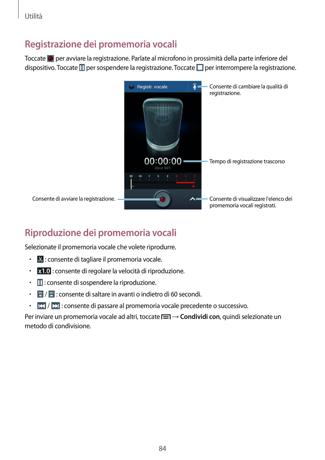 Samsung SM-G3500ZWAITV, SM-G3500ZWATPL manual Registrazione dei promemoria vocali, Riproduzione dei promemoria vocali 