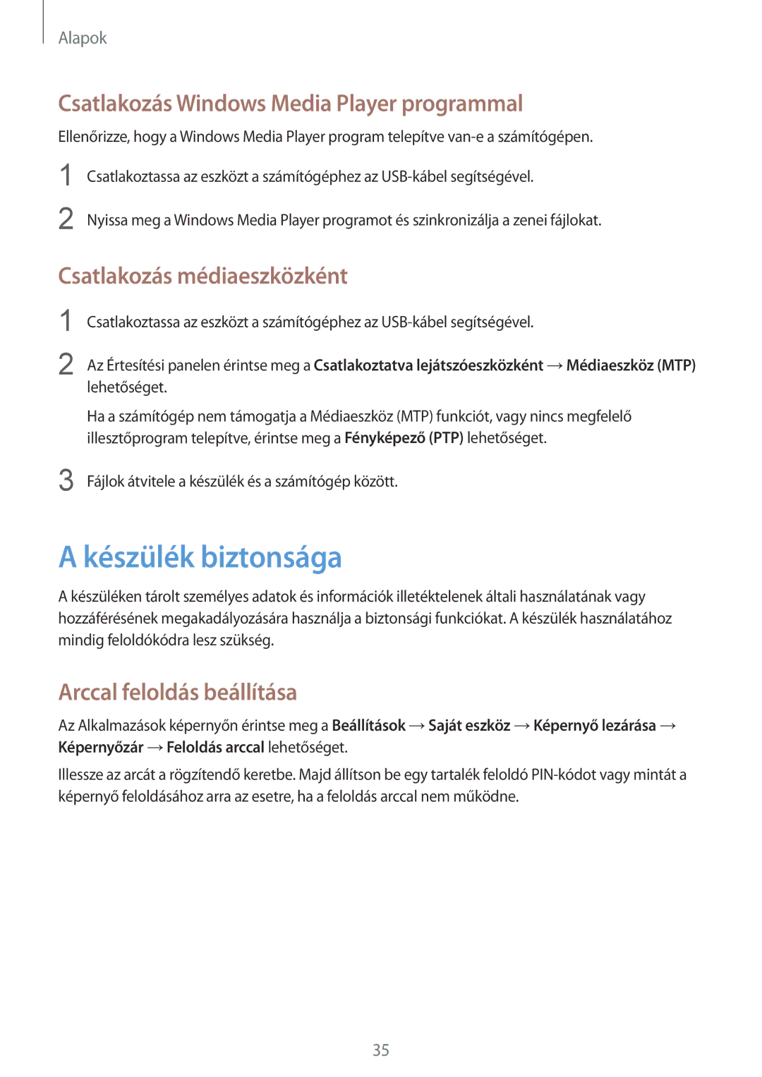 Samsung SM-G3500ZWATTR manual Készülék biztonsága, Csatlakozás Windows Media Player programmal, Csatlakozás médiaeszközként 