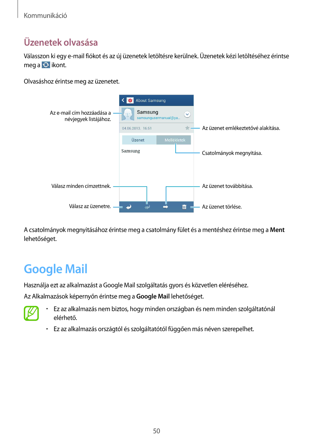 Samsung SM-G3500ZWAXEO, SM-G3500ZWATPL, SM-G3500ZKAPRT, SM-G3500ZWAPRT, SM-G3500ZKAXEO manual Google Mail, Üzenetek olvasása 