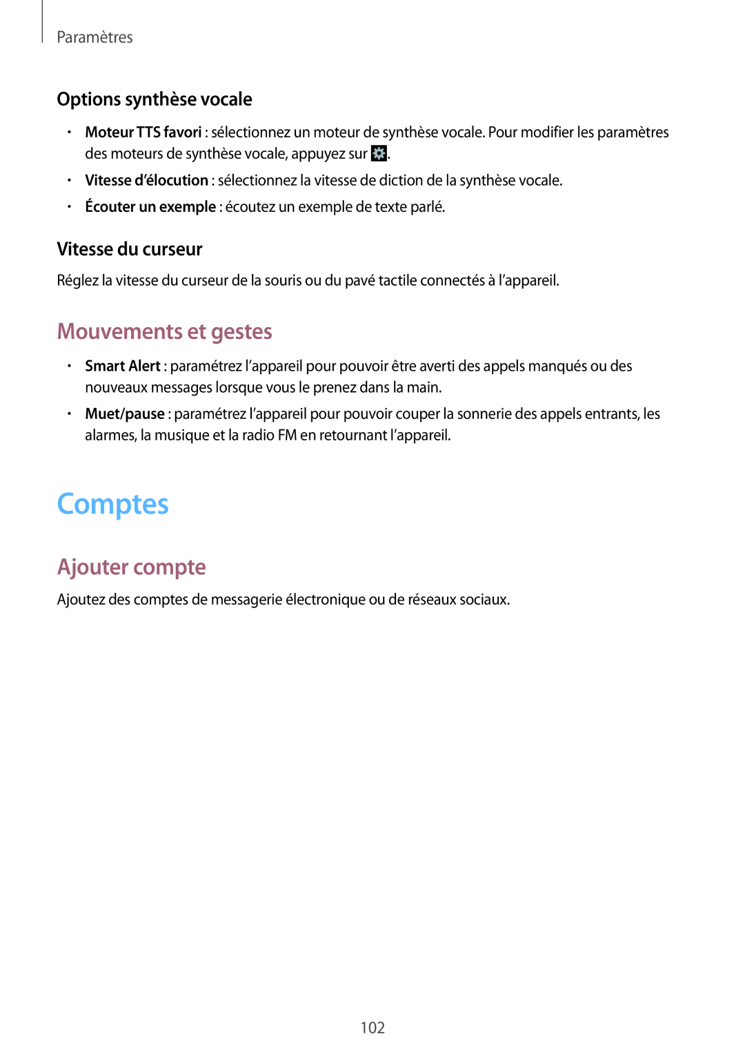 Samsung SM-G3500ZWAXEF manual Comptes, Mouvements et gestes, Ajouter compte, Options synthèse vocale, Vitesse du curseur 