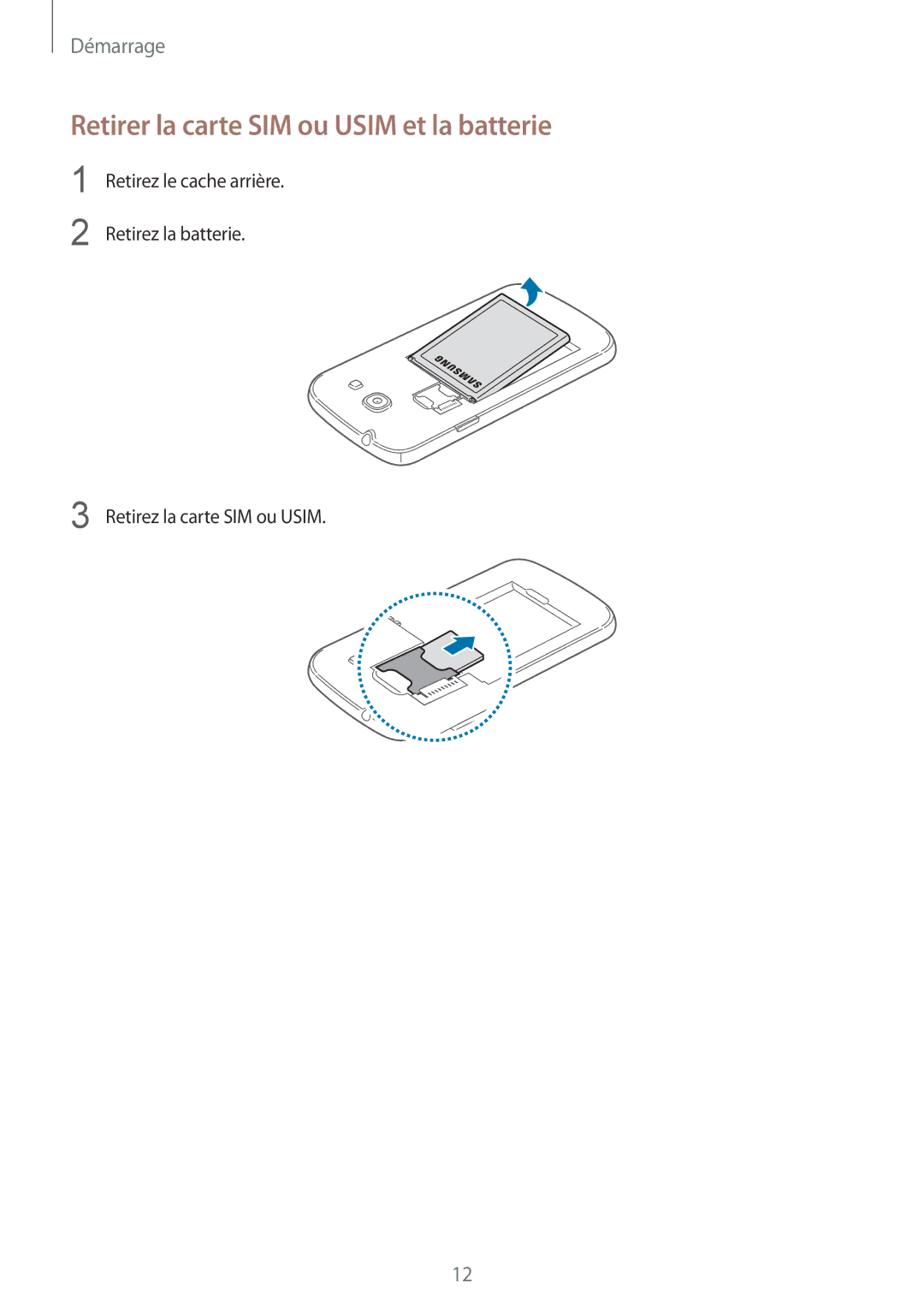 Samsung SM-G3500ZKAFTM, SM-G3500ZWAVGF, SM-G3500ZWANRJ, SM-G3500ZKAVGF manual Retirer la carte SIM ou Usim et la batterie 