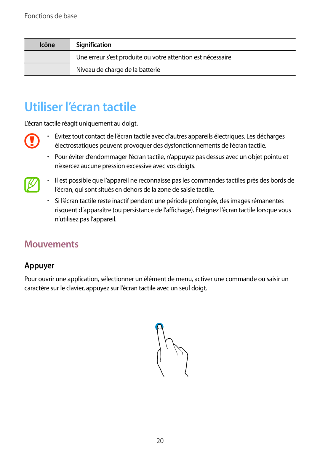 Samsung SM-G3500ZKAFTM, SM-G3500ZWAVGF, SM-G3500ZWANRJ, SM-G3500ZKAVGF manual Utiliser l’écran tactile, Mouvements, Appuyer 