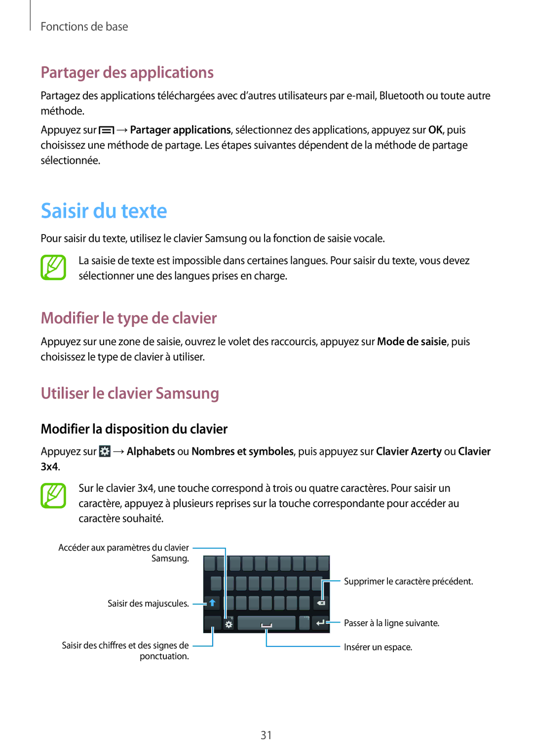 Samsung SM-G3500ZIAXEF, SM-G3500ZWAVGF manual Saisir du texte, Partager des applications, Modifier le type de clavier 