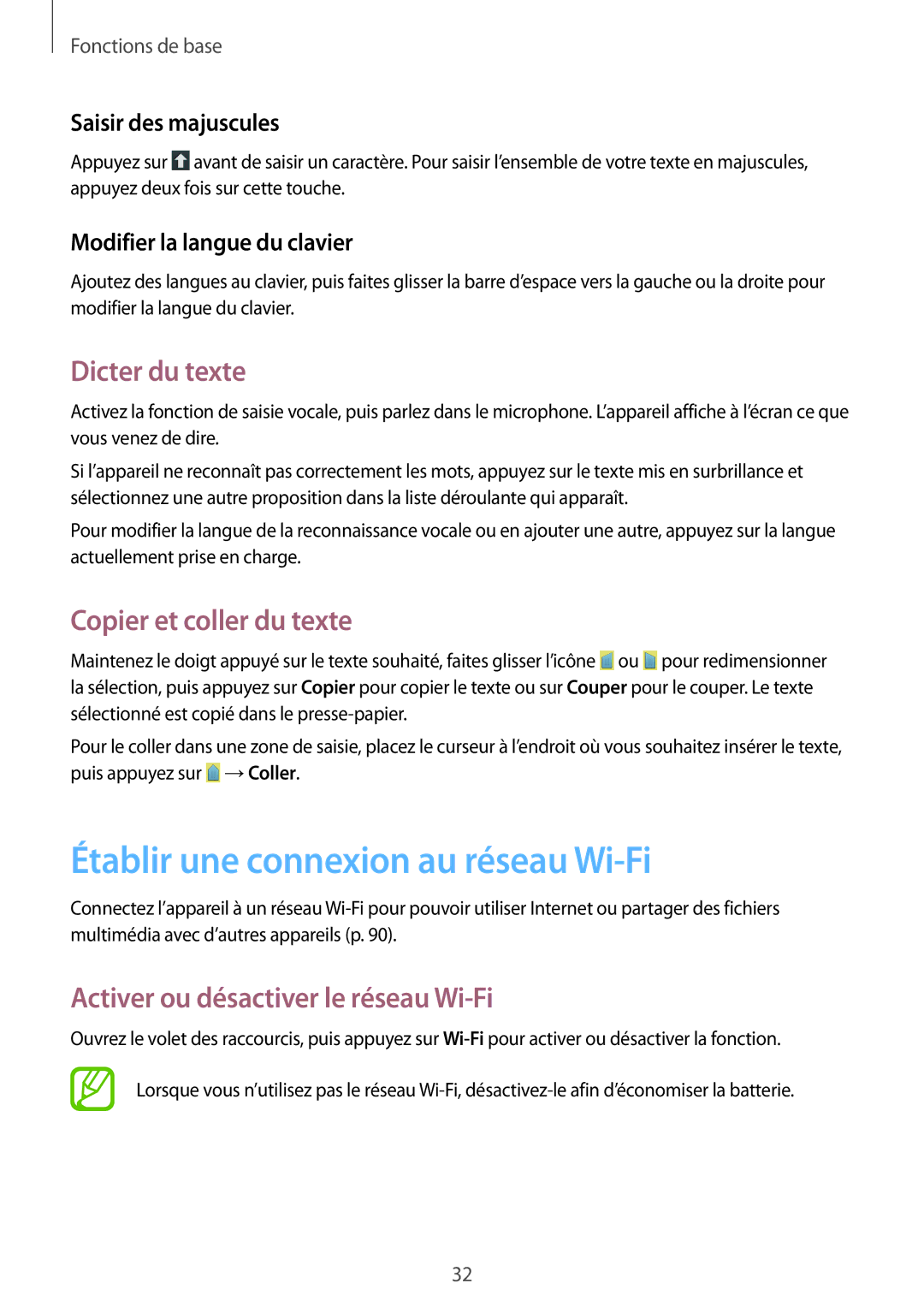 Samsung SM-G3500ZWAVGF, SM-G3500ZWANRJ Établir une connexion au réseau Wi-Fi, Dicter du texte, Copier et coller du texte 