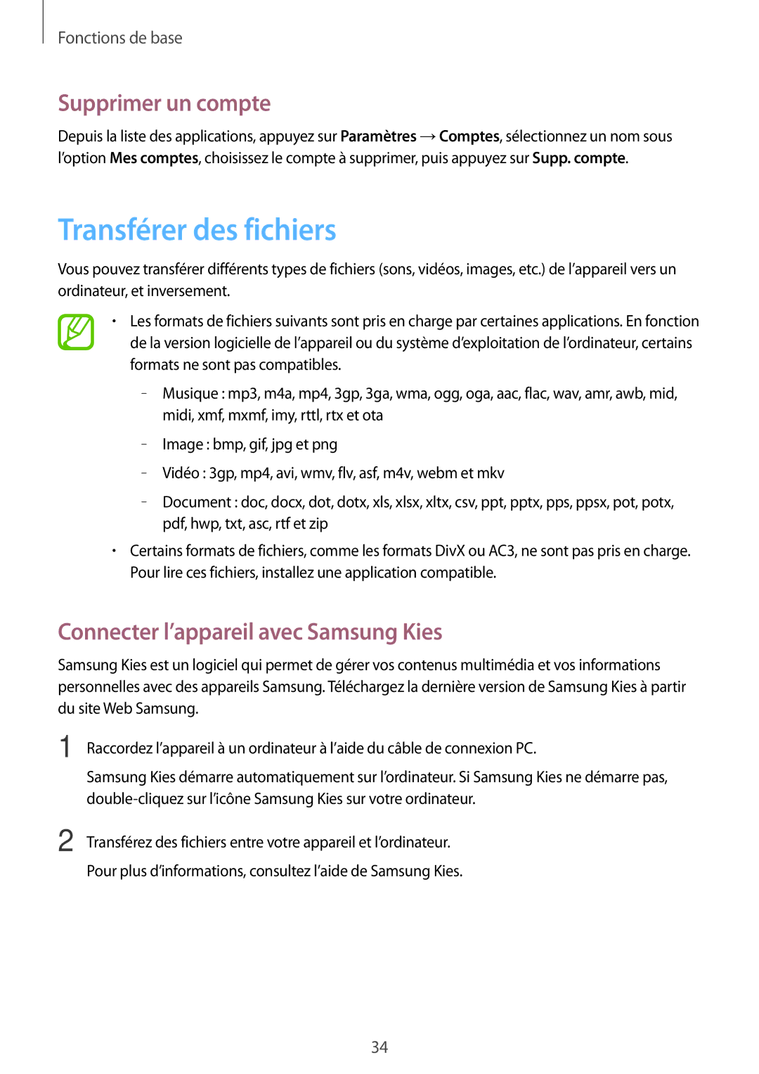 Samsung SM-G3500ZKAVGF manual Transférer des fichiers, Supprimer un compte, Connecter l’appareil avec Samsung Kies 