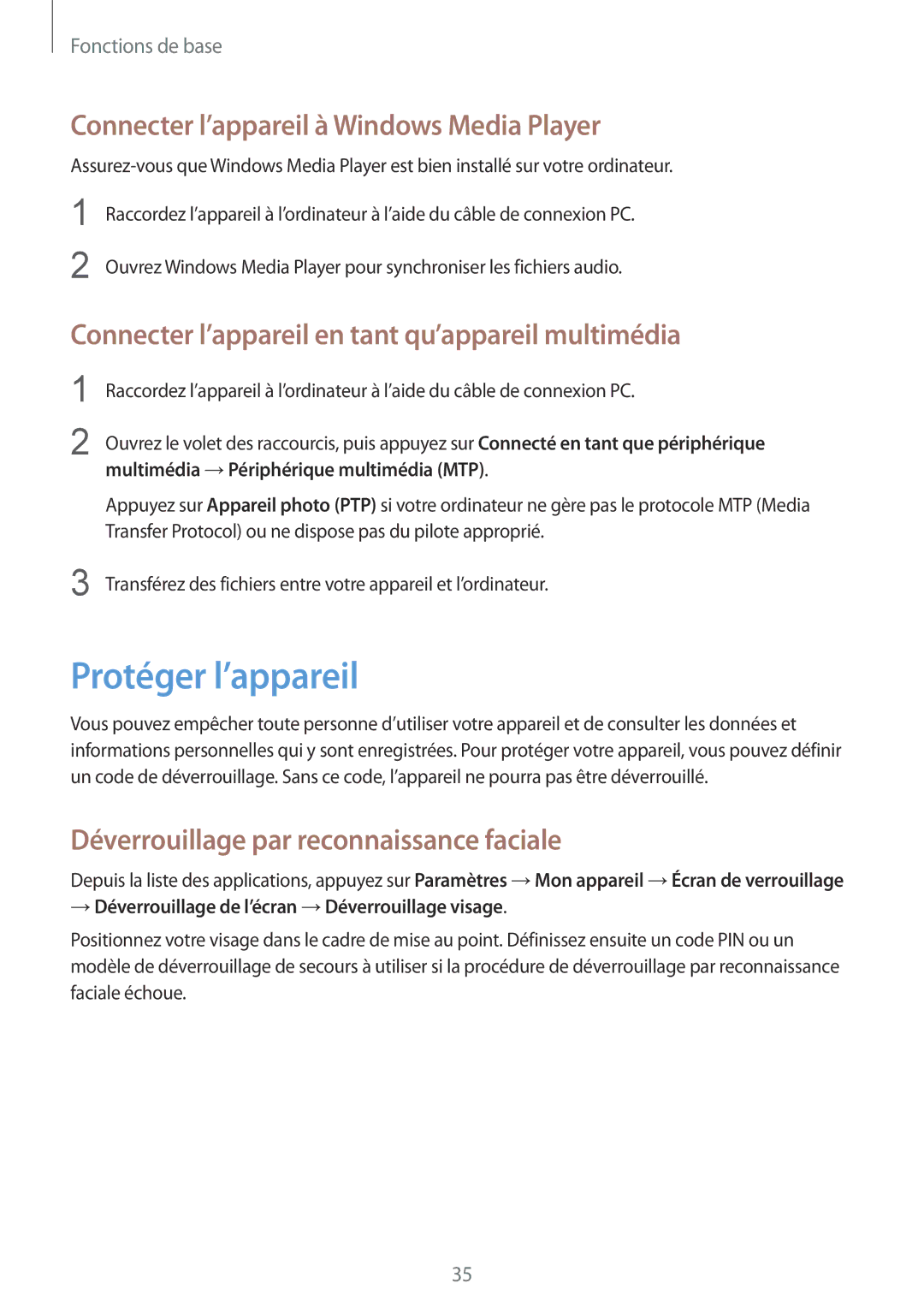 Samsung SM-G3500ZKANRJ, SM-G3500ZWAVGF, SM-G3500ZWANRJ Protéger l’appareil, Connecter l’appareil à Windows Media Player 