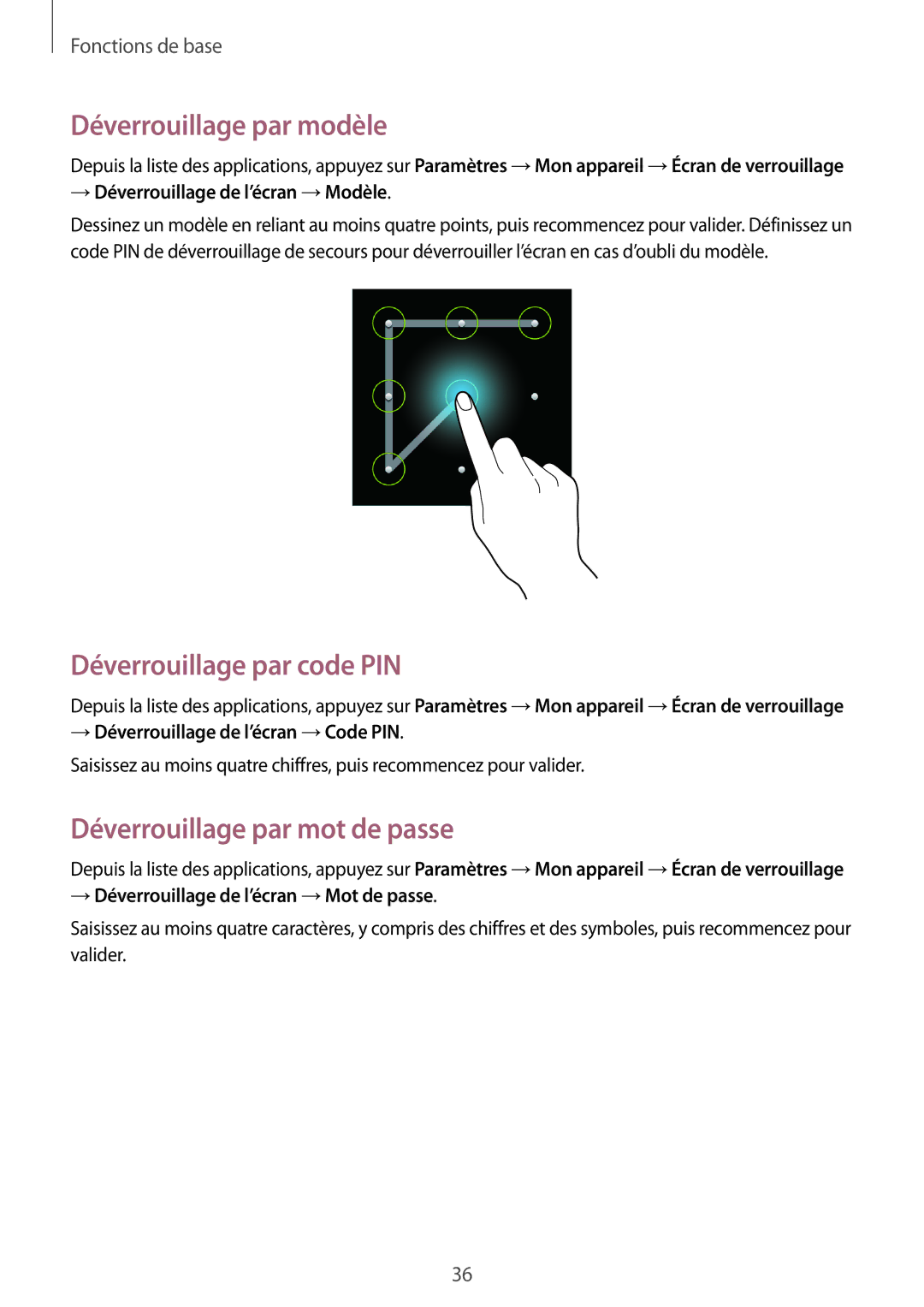 Samsung SM-G3500ZKAFTM manual Déverrouillage par modèle, Déverrouillage par code PIN, Déverrouillage par mot de passe 