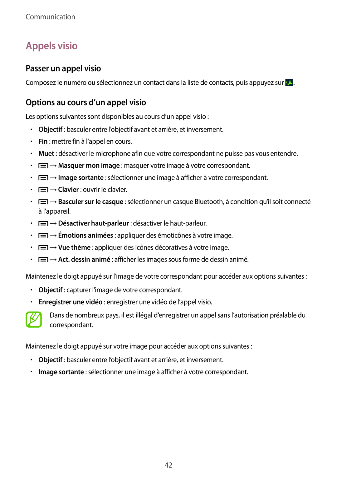 Samsung SM-G3500ZKAVGF, SM-G3500ZWAVGF manual Appels visio, Passer un appel visio, Options au cours d’un appel visio 