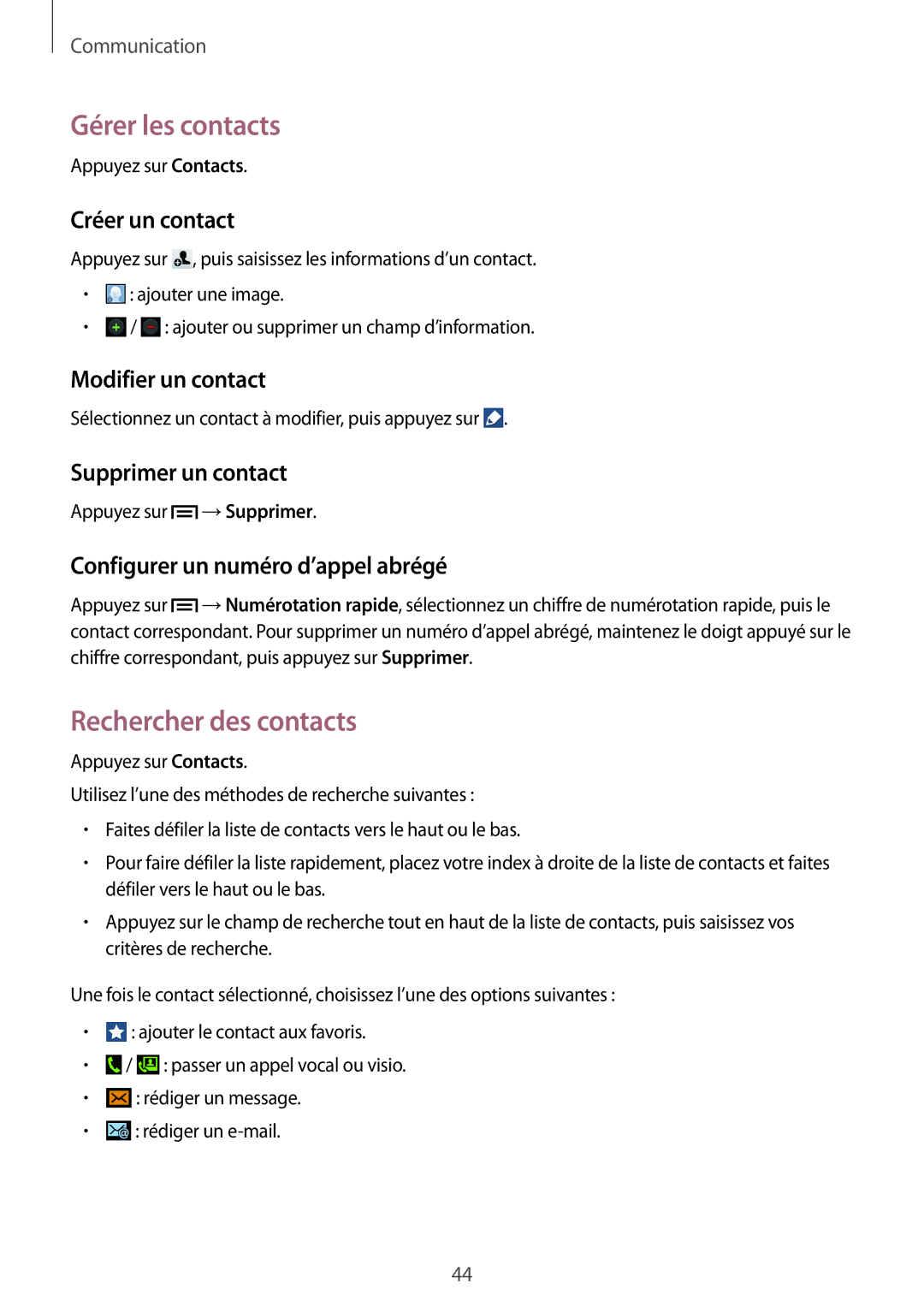 Samsung SM-G3500ZKAFTM, SM-G3500ZWAVGF, SM-G3500ZWANRJ, SM-G3500ZKAVGF manual Gérer les contacts, Rechercher des contacts 