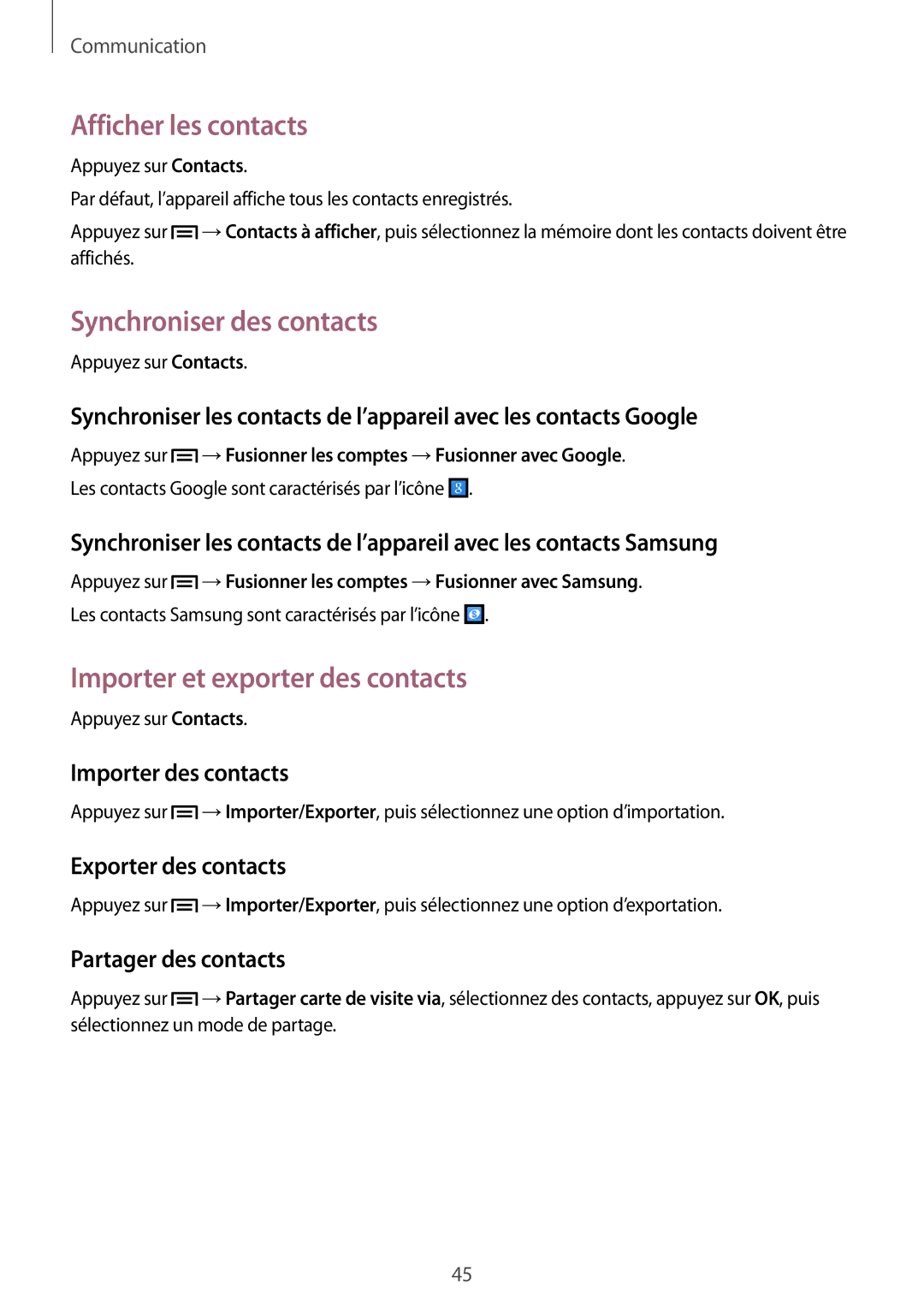 Samsung SM-G3500ZKAXEF, SM-G3500ZWAVGF Afficher les contacts, Synchroniser des contacts, Importer et exporter des contacts 