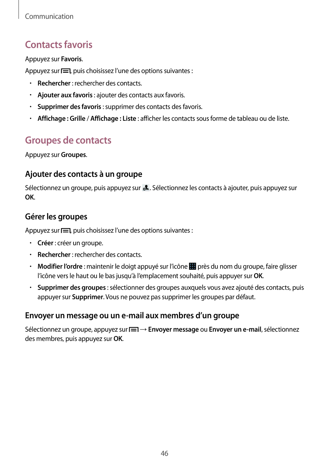 Samsung SM-G3500ZWAXEF manual Contacts favoris, Groupes de contacts, Ajouter des contacts à un groupe, Gérer les groupes 