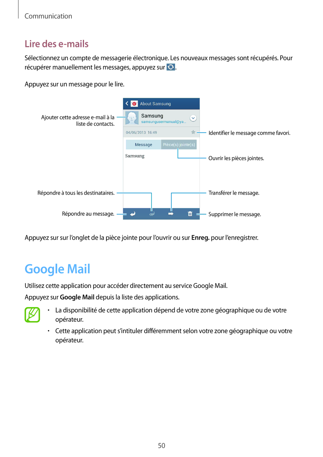 Samsung SM-G3500ZKAVGF, SM-G3500ZWAVGF, SM-G3500ZWANRJ, SM-G3500ZKANRJ, SM-G3500ZKAFTM manual Google Mail, Lire des e-mails 