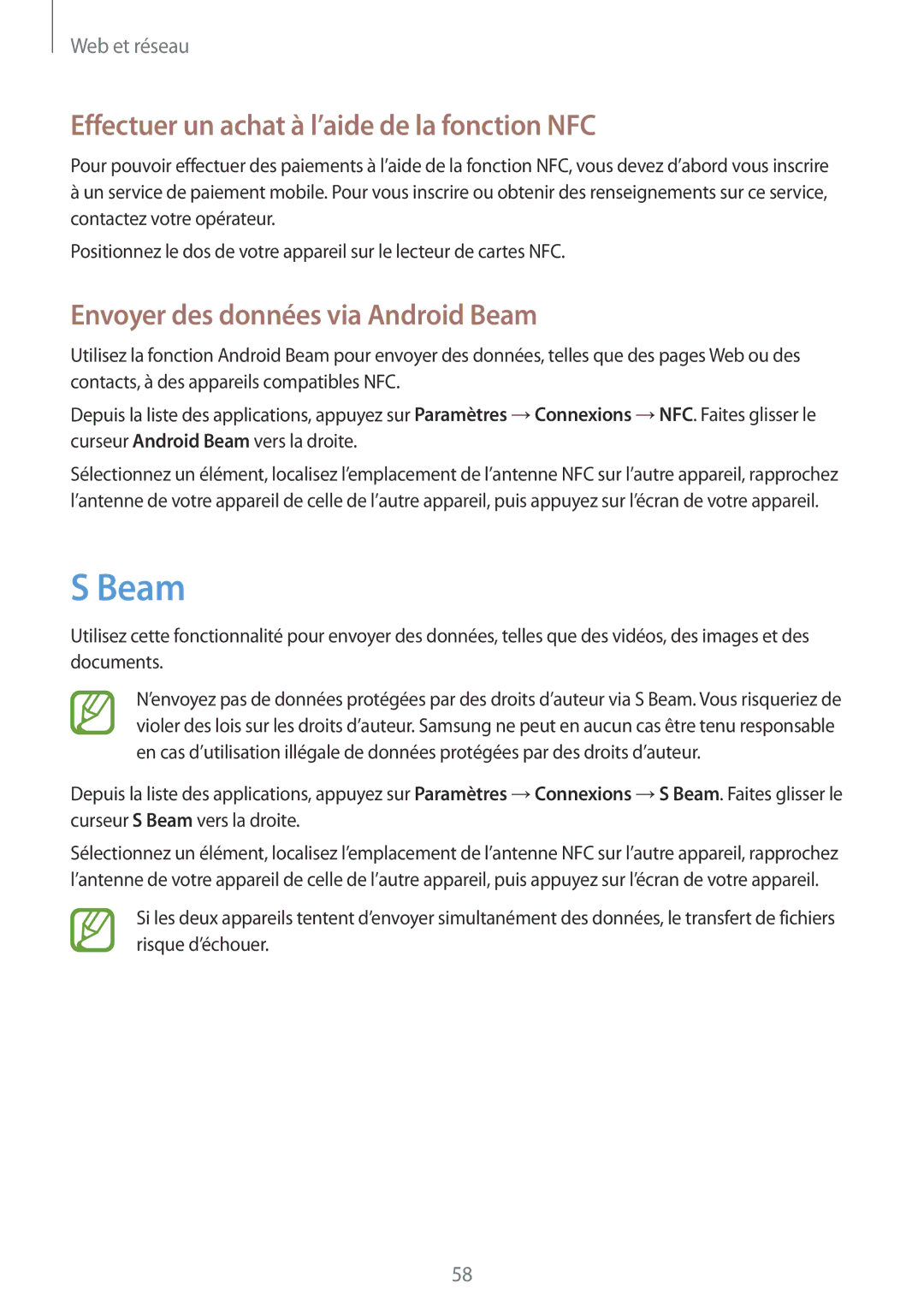 Samsung SM-G3500ZKAVGF manual Effectuer un achat à l’aide de la fonction NFC, Envoyer des données via Android Beam 