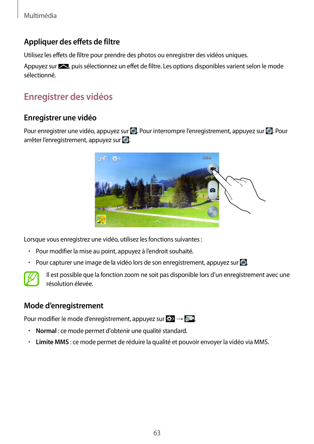 Samsung SM-G3500ZIAXEF, SM-G3500ZWAVGF manual Enregistrer des vidéos, Appliquer des effets de filtre, Enregistrer une vidéo 