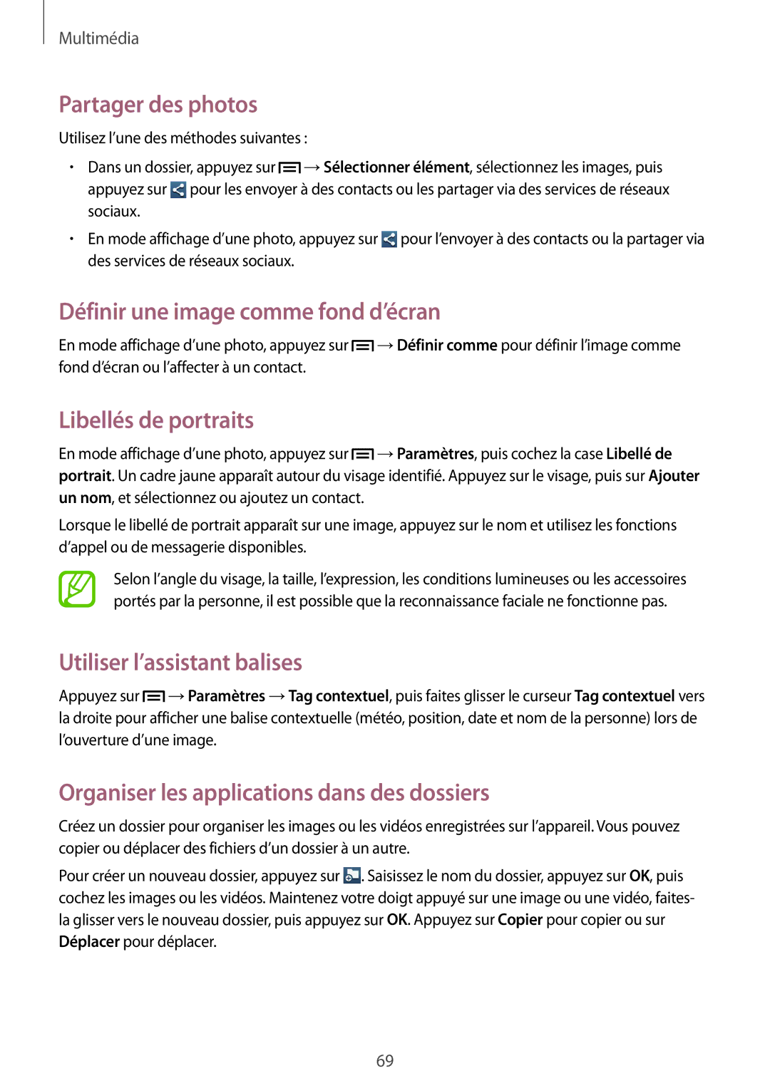 Samsung SM-G3500ZKAXEF manual Définir une image comme fond d’écran, Libellés de portraits, Utiliser l’assistant balises 