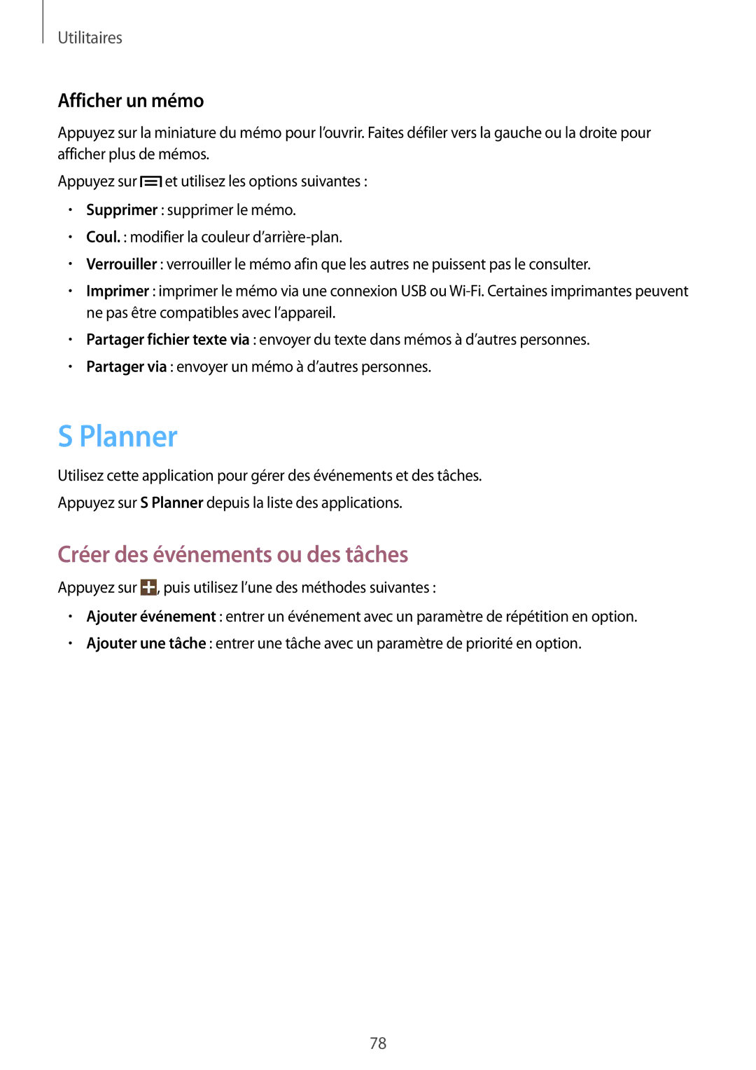 Samsung SM-G3500ZWAXEF, SM-G3500ZWAVGF, SM-G3500ZWANRJ manual Planner, Créer des événements ou des tâches, Afficher un mémo 