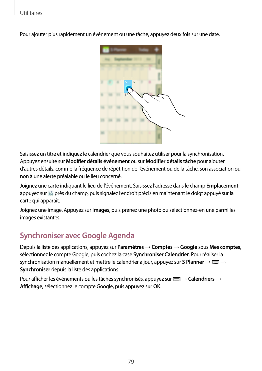 Samsung SM-G3500ZIAXEF, SM-G3500ZWAVGF, SM-G3500ZWANRJ, SM-G3500ZKAVGF, SM-G3500ZKANRJ manual Synchroniser avec Google Agenda 