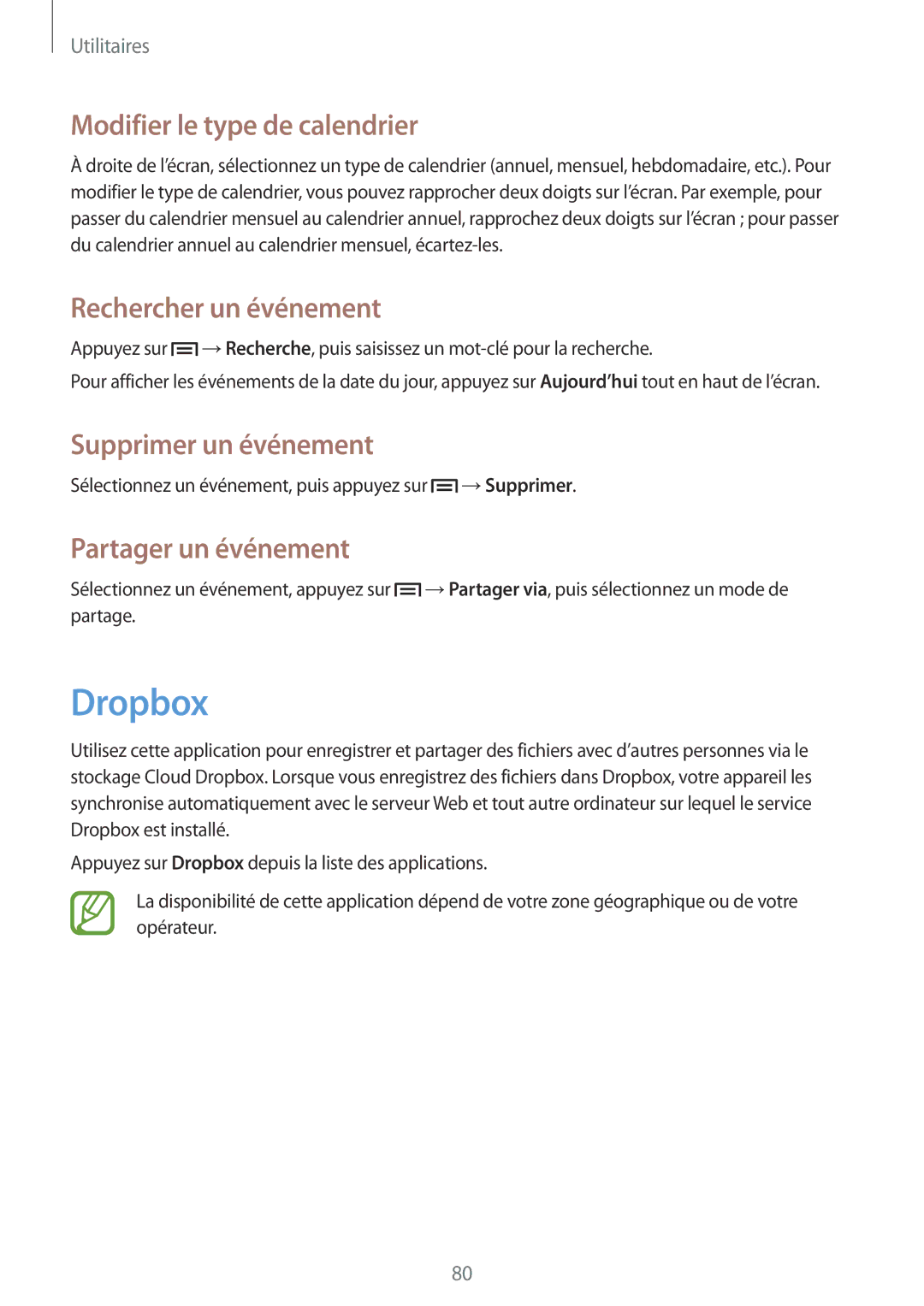 Samsung SM-G3500ZWAVGF manual Dropbox, Modifier le type de calendrier, Rechercher un événement, Supprimer un événement 