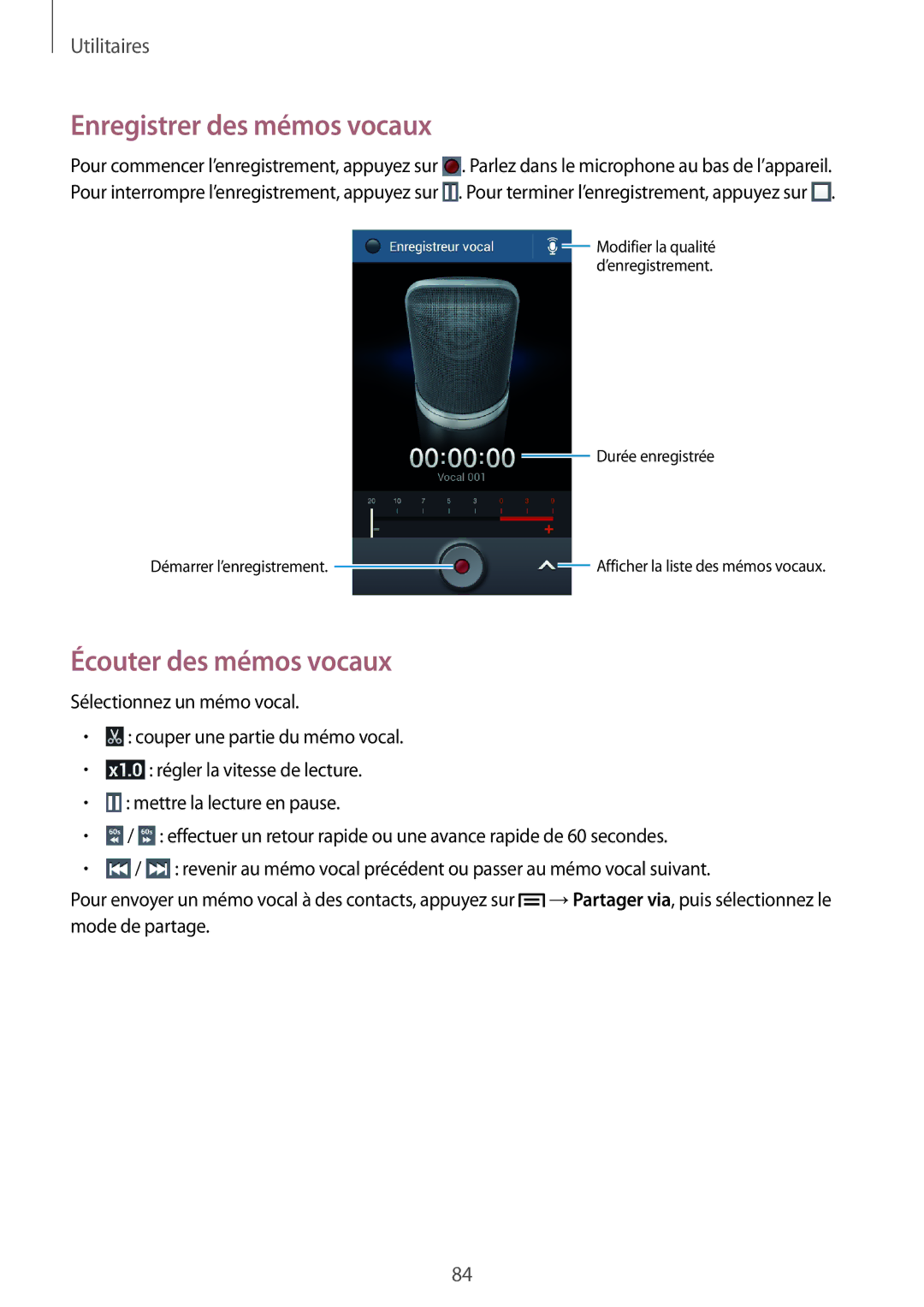 Samsung SM-G3500ZKAFTM, SM-G3500ZWAVGF, SM-G3500ZWANRJ manual Enregistrer des mémos vocaux, Écouter des mémos vocaux 