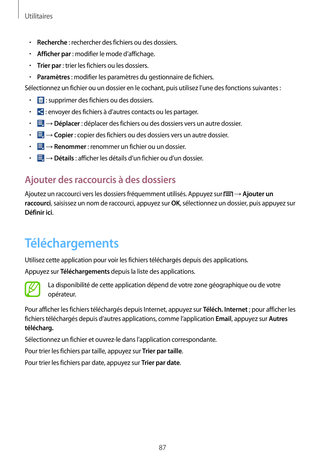 Samsung SM-G3500ZIAXEF, SM-G3500ZWAVGF, SM-G3500ZWANRJ manual Téléchargements, Ajouter des raccourcis à des dossiers 